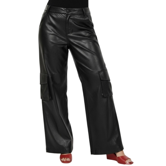 Deadstock Forever 21 Cargo Leather Pants 1X Black High Waisted Wide Leg - Picture 1 of 10